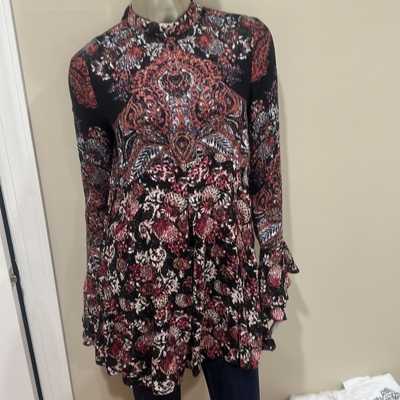 Free People Lady Luck Printed Tunic High Neck Bell Sleeve Tie Dress Sz XSmall XS - Picture 3 of 7